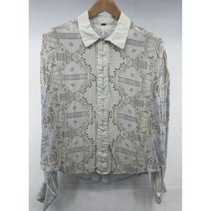 Free‎ People Virgo Baby Button Down Long Sleeve Floral Blue Stripes Boho Medium